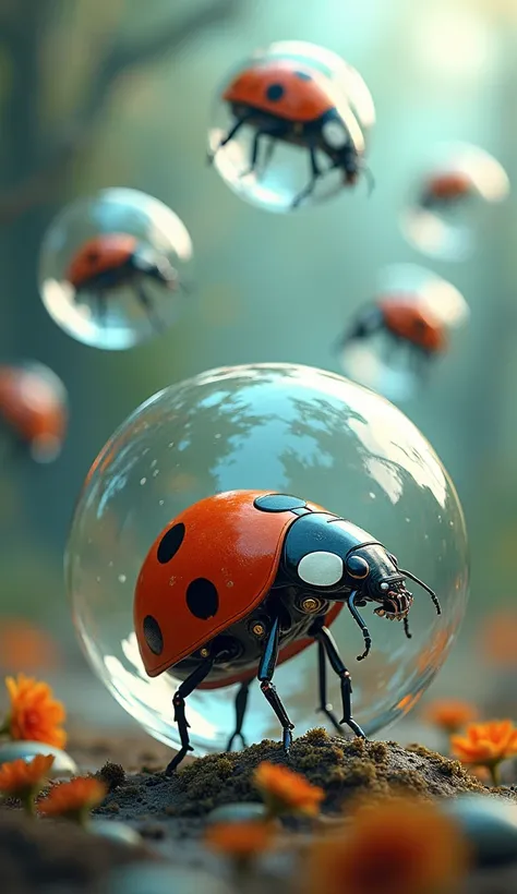 Ladybug１Hey, Im trying to get into the bubble、Ladybug泡の中に入るとメカてんとう虫になる、Multiple Bubbles、ほかの泡には変化の途中のLadybugいる