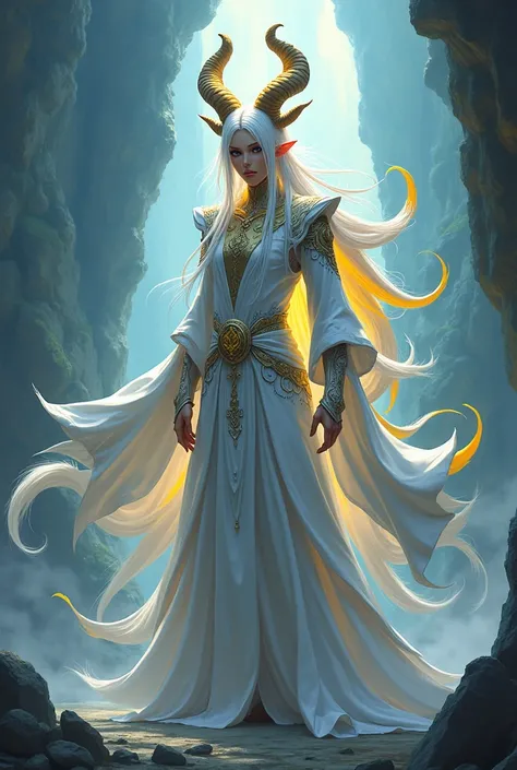 An anime man with white hair, yellow hair ends, wearing a white, horned wizard costume with a cool dragon tail.