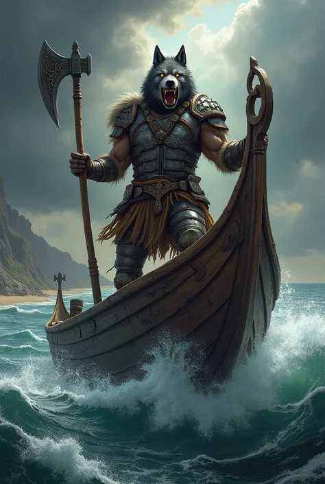  Create an image of a human warrior with the head of a wolf , wearing Viking armor with an axe in his hand .   He will be on a Viking boat and the boat will be out at sea on a stormy day near a beach, ready to attack