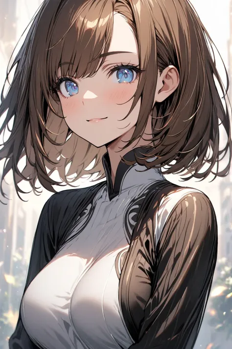 (best quality:1.3), 1girl, upper body, round face, light blue eyes, finely drawn lashes, bob cut, asymmetrical bangs, brown hair, light smile, beautiful breasts, 