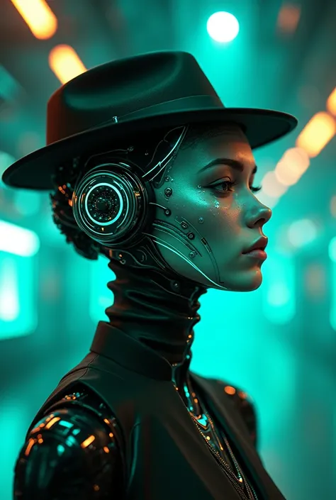 Futuristic Cyborg Face, with hat , full shot, rave style,  liquid titanium veins , Futuristic background, green and blue lighting .