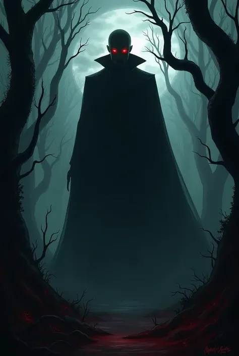 Red-eyed silhouette of vampire among the trees, only visible in dim light.
