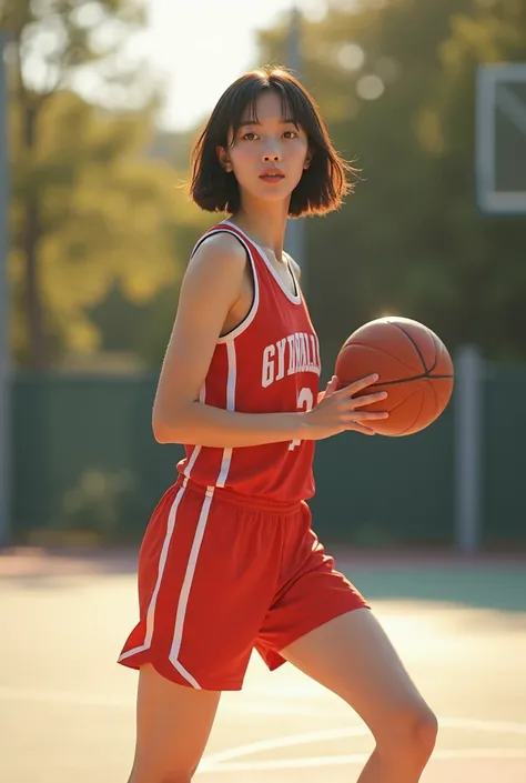  slender figure、 beautiful skin in NFSW、whole body、 best quality、 ultra high resolution、 beautiful and elaborate face、 fine and beautiful skin、 skin texture、sunlight、smile、 playing basketball 、Basketball court、 basketball uniform、 Japanese woman with a vie...