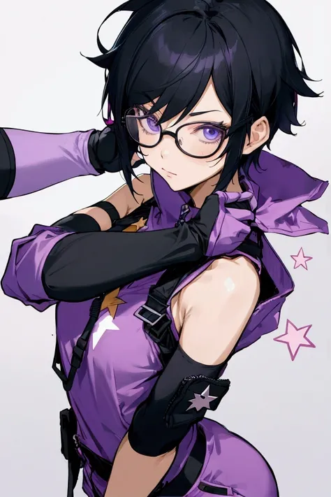 Create an image of a woman with short hair wearing glasses dressed as a strap tank with a star in the middle with casual sweatpants and arm warmers in the color half black and half lilac anime version