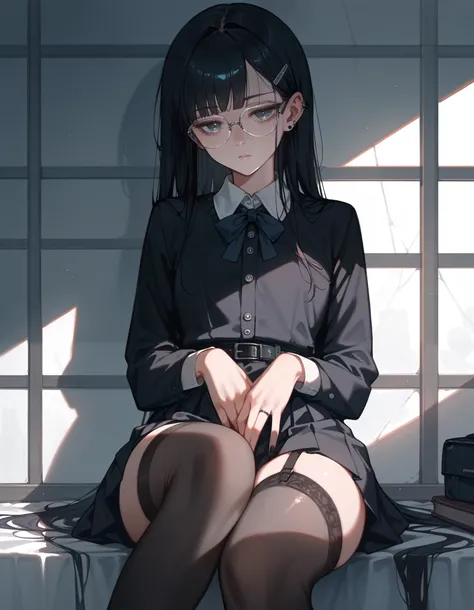 (Masterpiece), (best quality), (high quality), anime, school, 1girl, goth girl, (depressed look), half closed eyes, detailed eyes, long stockings, dark hair, straight hair, small glasses, detailed, best quality shadows, highest resolution, 4k