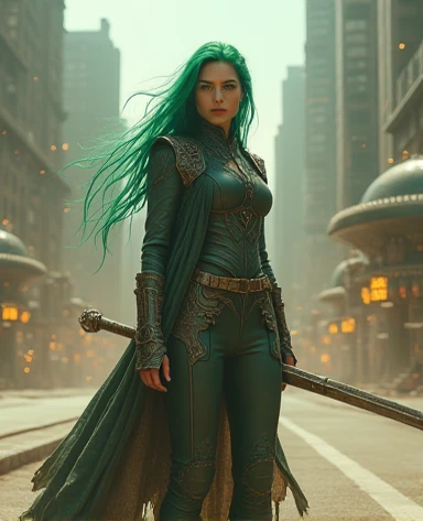 a woman, wear fantasy coat jacket clothes long trousers clothes, long hair green colors, he was standing while fight against stylish, sci-fi, fantasy, masterpiece, vibrant effects, visual effects graphics, fire sparks, dust effects graphics, holding big sw...