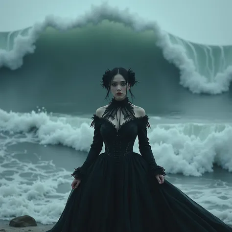 neo-gothic girl、The tsunami is coming from behind、Desperate、 powerful scene 