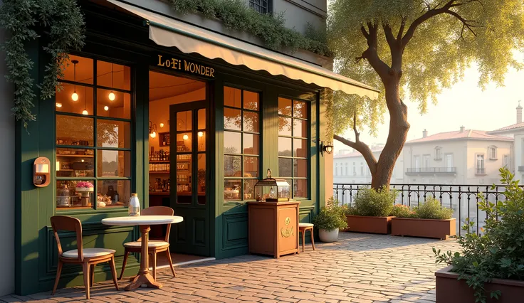  A classic cafe standing on cobblestones in Florence, Italy,The sign reads:「Lofi Wonder Cafe」, morning time,Around 9 a.m. , bright ,The sunlight is beautiful, there is a round table and chair on the terrace , olive trees swaying ,Flowers, there is a small ...