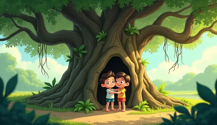 The ren rebuilding their small hut under the banyan tree, smiling and hugging the tree with gratitude  boy and girl 

 Cartoon Anatomically Correct, High Resolution, HD, High Quality, 