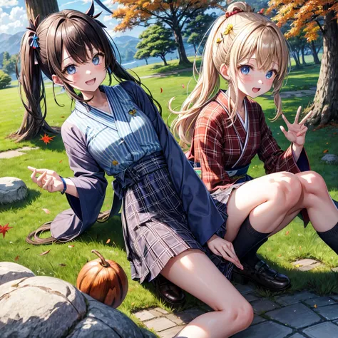 Chestnut Hair、 blue eyes、 with hair tied 、Two cute、 plaid mini skirt、 BLACK T-SHIRT、 Long Sleeve 、 kimono、 striped high socks、Teeth are visible、lawn、The stone is cracked、Uneven ground、The road is curved、Large autumn tree、Mountain々、isolated island、iridescen...