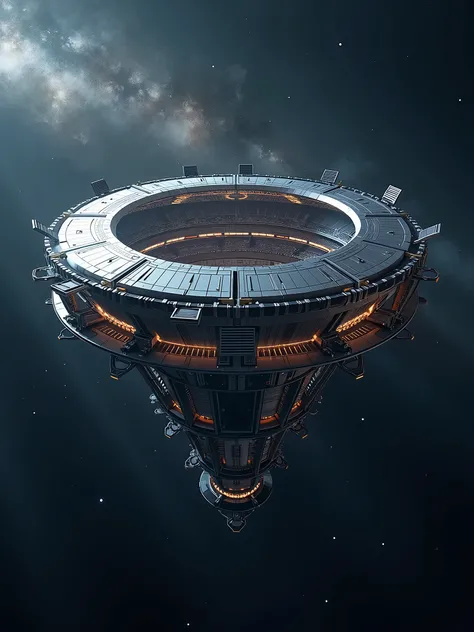 Giant futuristic football stadium floating in space.