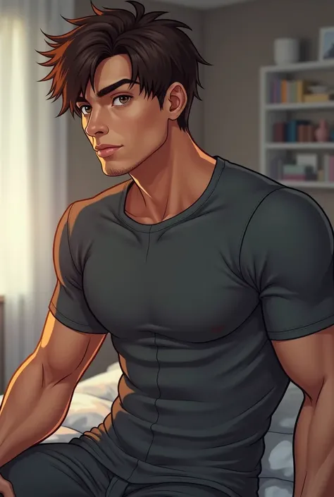 create a guy in a compression shirt, grey sweats, brunette, brown eyes, dont make it look to real, make it look cartoonish. make him extremely hot. make him be in a room, sitting down on his bed, listening to music, make him cold, make him a more realistic...