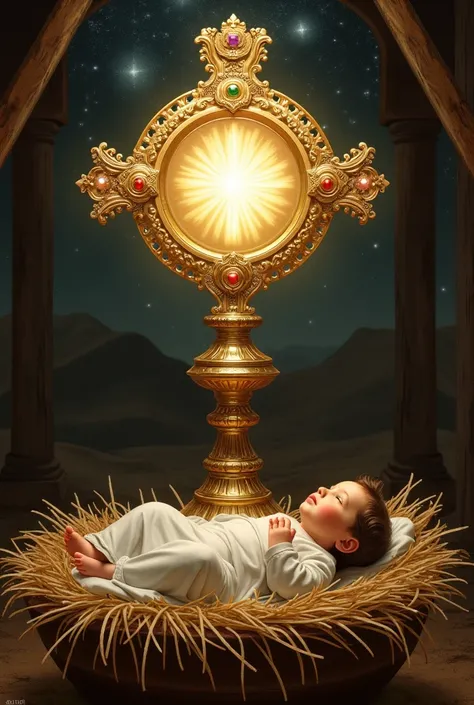 Image of a monstrance with the Eucharistic Jesus in a manger with the baby Jesus