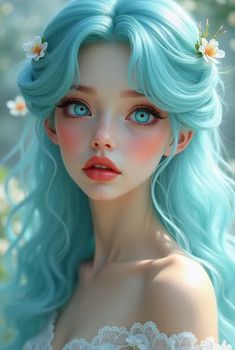 Light blue hair, turquoise eyes, long eyelashes, big red lips, apricot eyes, beauty, girly, curly hair, princess