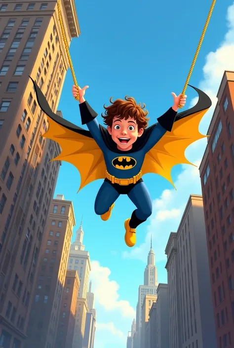 "Create a digital illustration of a  Batman A  boy with curly hair dressed in a costume soaring between New York City skyscrapers in Walt Disneys classic drawing style. The young Batman is mid-swing, with a joyful, determined expression. The cityscape feat...