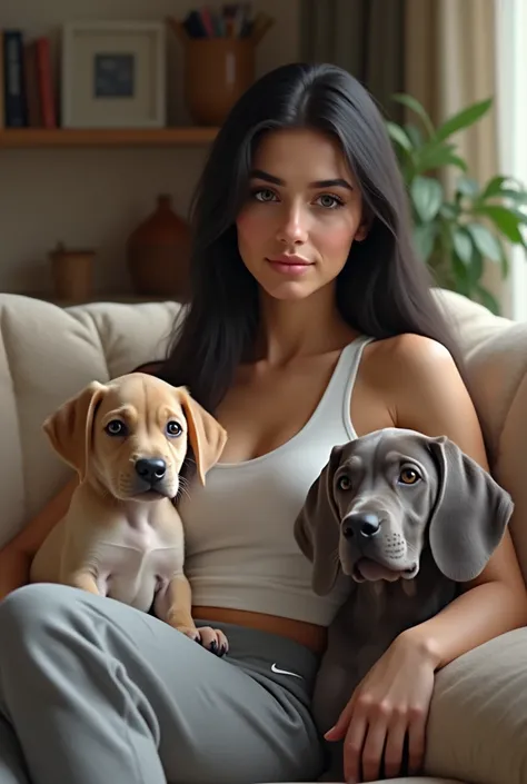 Create an image of a 30-year-old woman, French, long straight black hair,  small black eyes , Thick lips,  puppy wearing a white tank top and gray sweatpants with the Nike symbol in white, next to him is a small Weimaraner , with short gray fur ,  as well ...