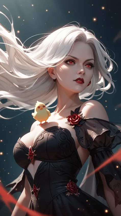 with white hair, Beautiful like a fairy, A sweet expression that arouses affection, side surface, floating hair, light particles, glare, lively, chic, dreamlike, a dark atomic sphere, ((Vampire Girl)) (( Vampire Princess)) ((Dark Fantasy)) ((red eyes)) ((m...