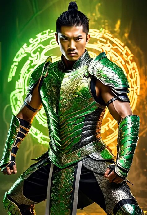 The image of an Asian male model transformed into a warrior, strong and attractive. He wears a sharp metallic armor, modern design combined with dragon motifs, the metallic light reflects majesty. His sharp eyes look straight ahead, showing fierce determin...