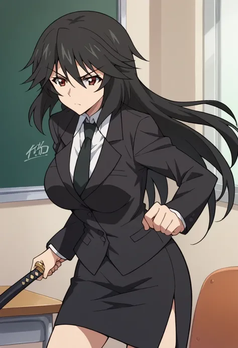 Orimura&#39;Pet, Long Hair, bangs,  black hair,  hair between eyes,  Brown Eyes ,
 skirt,  shirt,  Long Sleeve ,  jacket, white  shirt, tie, black  skirt, black  jacket, formal, suit, black tie, pencil  skirt,  skirt suit,Big Breasts　　In the classroom　The ...