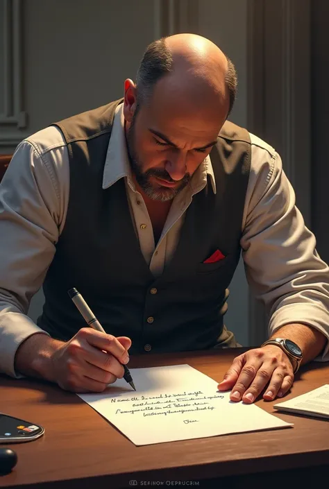  Man psychographing message on the table, with his left hand on his forehead . 