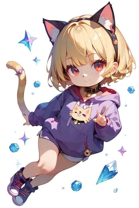 Chibi character, Second Dimension, cute, Blonde、 short hair 、Golden cat ears、Red eyes、Big Eyes、Black collar、Purple hoodie、White background、