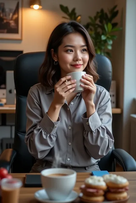 Office lady eating 、 junk food chain、Sitting on a chair、Coffee steam、Warm atmosphere、A moment of peace、