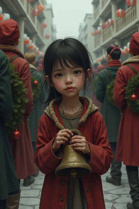 A poor looking girl holding a bell and surrounding people with Christmas decorations 