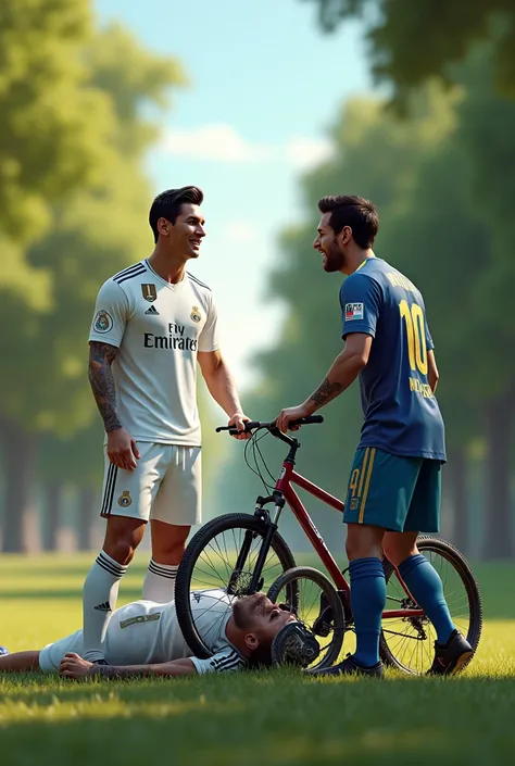 **Prompt para imagem:**  

" Uma realistic scene capturing Lionel Messi looking at Cristiano Ronaldo who just fell off his bike on a quiet road.  Cristiano Ronaldo is on the ground , still holding the bike ,  with an expression of surprise mixed with a fai...