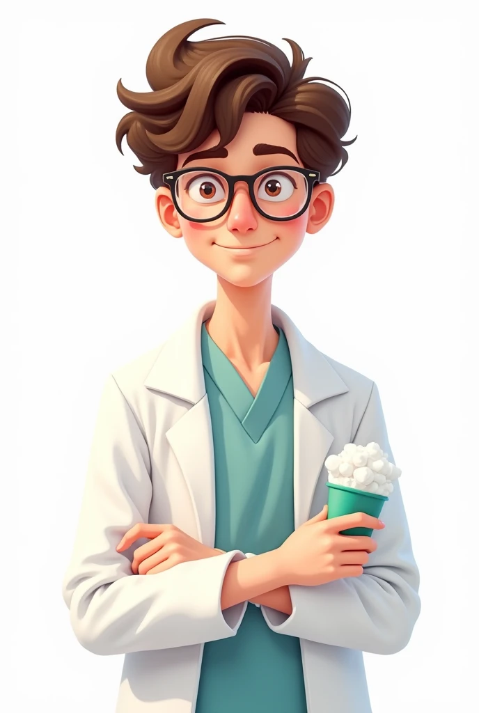 Cute anime art, Pixar style,  handsome young man with curly brown hair, with glasses, Using scrub and white nursing lab coat ,  white background
