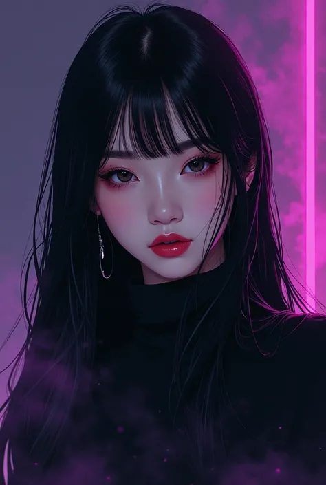 a work made of touches of gouache, half portrait of a Korean gothic woman, drawing by Todd Lockwood, long and straight hair, modern gothic, light Korean makeup, Marvel villain, illustration with black felt-tip pen, drawn in comics book style, black magic f...