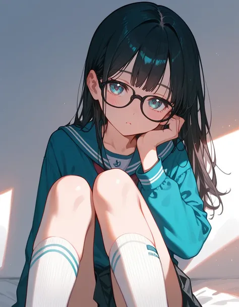 (Masterpiece), (best quality), (high quality), anime, school, 1girl, kawaii girl, (cute look), half closed eyes, detailed eyes, knee-socks, absolute territory, dark hair, straight hair, small glasses, detailed, best quality shadows, highest resolution, 4k