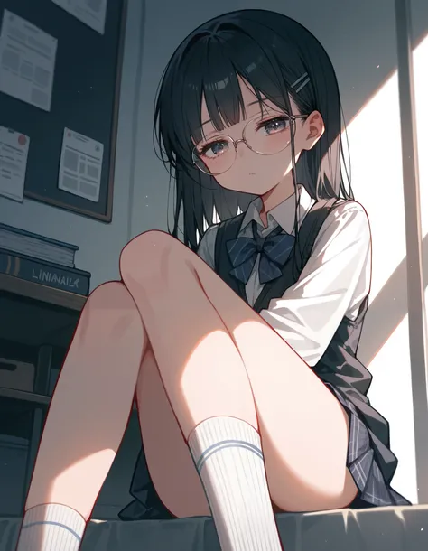 (Masterpiece), (best quality), (high quality), anime, school, 1girl, kawaii girl, (depressed look), half closed eyes, detailed eyes, knee-socks, absolute territory, dark hair, straight hair, small glasses, detailed, best quality shadows, highest resolution...