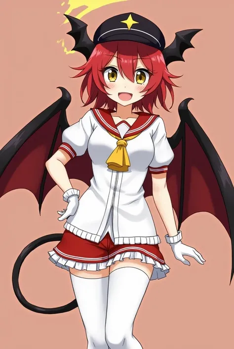 masteRpiece, meilleure qualité, 1giRl, Seul, yeux jaunes, Red haiR, small bReast, demon giRl, queue de démon, ailes de démon, small demon hoRns, pointy eaRs, (small bReast), (poitrine plate),  deux ailes, bat haiR oRnament, cap, white shiRt, white legweaR,...