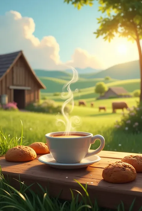 Image of a farm, With breakfast in the cup