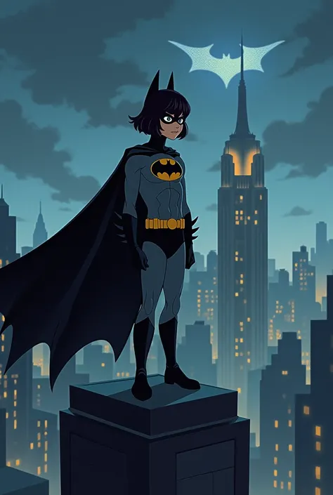 "Create a digital illustration of a   with straight hair dressed in a Batman costume, standing confidently on top of a skyscraper in New York City. The scene is set at night, with a dark and moody atmosphere illuminated by the soft glow of city lights and ...