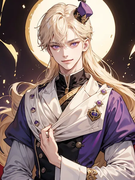 boy, with purple eyes, cream beige hair. wear prince uniform, he so arrogant, sadistic, handsome. sadistic eyes. he teenager. sadistic smile, thin. sadistic smiling. have big eyes. intimidating. smirk. big eyes. background in kingdom garden. sit wear big l...