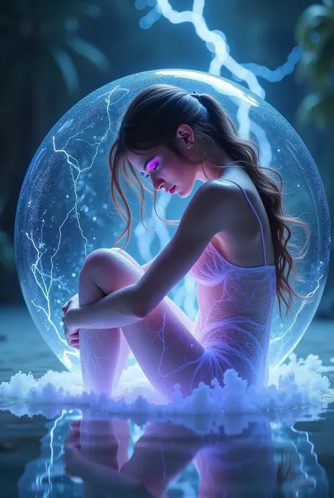 a girl in a glass ball, sea, goddess, lightning, thunder, whirlwind,perfect beauty,glowing purple eyes, transparent suit, sexy,reflection,mirror,shadow,Photorealistic depiction of a serene nymph, delicate skin glistening with dew, curls up inside a luminou...