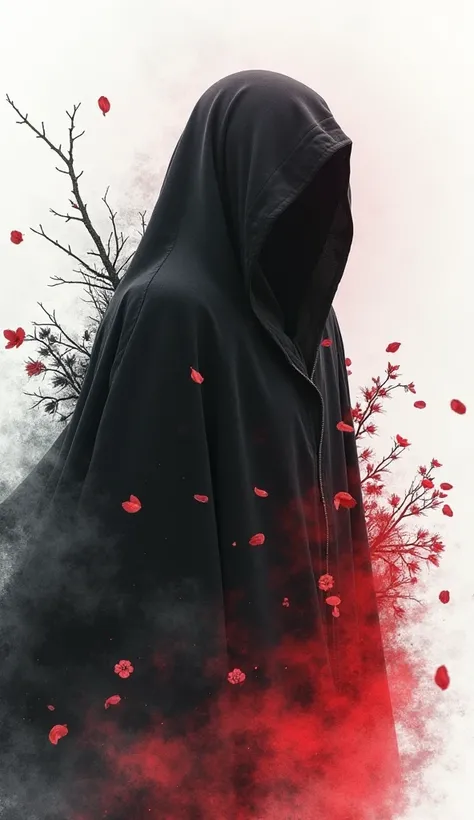 composition style black cloth, visual art style red road, casual retro exposure, Video game art style black graphics, white background, torn background, blurred lines, blurred outlines, careless style, casual style, gloomy dark watercolor, unnaturally long...