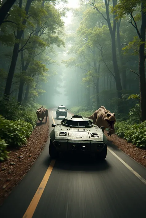 A high-speed armored car being chased by a group of Velociraptors on a road surrounded by dense forest.