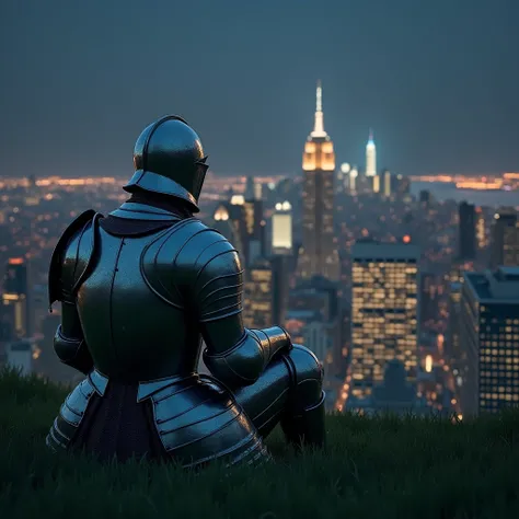 A knight in medieval armor and full helmet sitting on a lawn looking down at the panorama of New York at night