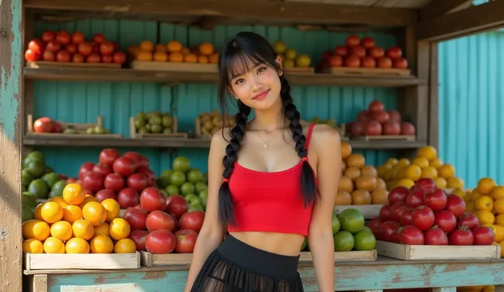 18 year old Thai woman with bangs hair and Double braids, smirk, wearing a red camisole and a sheer short black pleated skirt revealing lingerie, pose, fruit stall is made of wooden crates and shelves, filled with an assortment of fresh fruits, light blue ...