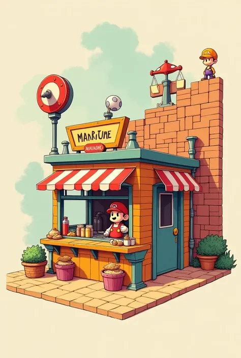 Make a simple sketch of a simple store booth the booth is square typ and the design is inspired by mario