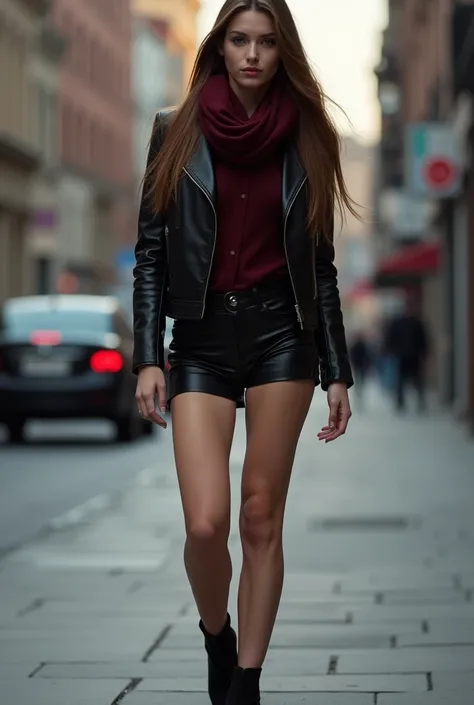 Vividly detailed (((full-body photo))) of a ((( women))) with (((white skin))), very long, wavy brown hair, and (((hip-length legs))) that convey a sense of elegance and sophistication, dressed in a sleek (((black coated leather jacket))), sleek (((dark re...