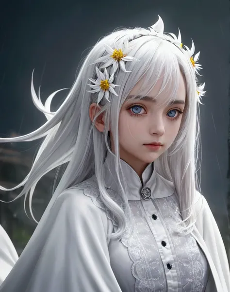 1girl, solo ,1girl, solo ,(( Beautiful detailed eyes)), (detailed light),Depth of Field,(white hair),silver eyes,Hair on the eyes ,(safflower ),  Hair Flower ,long hair, black cape,Soaked,ruthless,look back,night,Starfall,rain,[fog,safflowers falling,sketc...