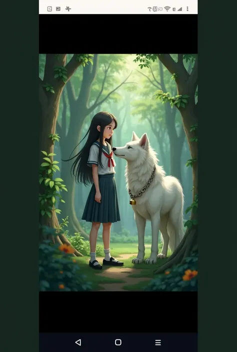  The long-haired girl in a white shirt and a gray skirt is in the forest. Together with a white wolf with a bell necklace 