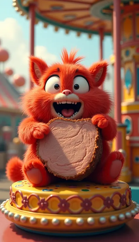 "A red furball character sits at an amusement park, devouring a huge piece of roast pork. Hes on a colorful merry-go-round, with a wide smile and eyes shining with joy."