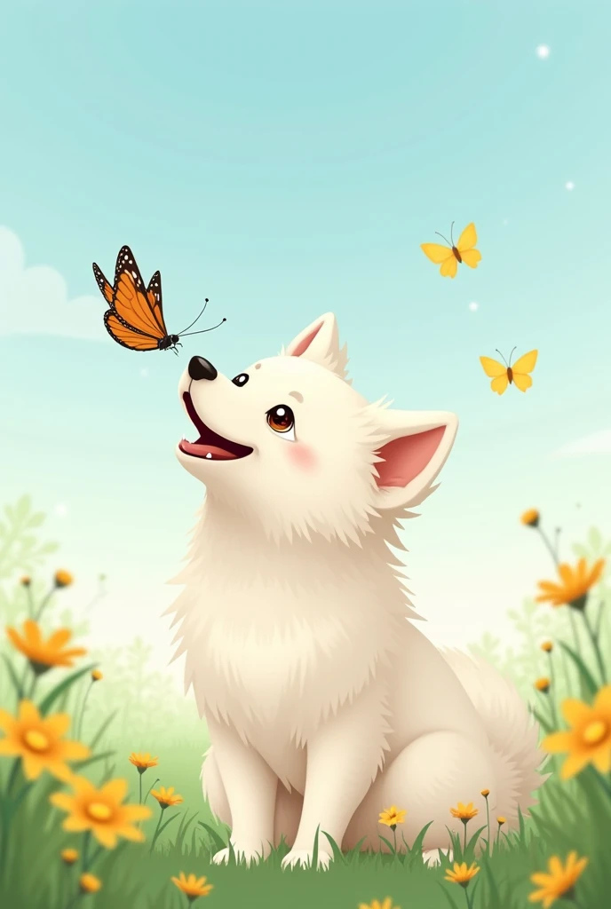 Best Quality, High Quality, reality, About the dog An adult Japanese Spitz dog , The corners of the mouth are raised and they look smiling ,Pure white coat color , Fluffy and soft coat ,Tilt your head, Butterflies flying overhead , The dogs gaze is on the ...