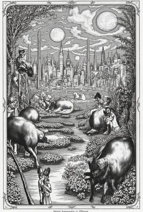 engraving vintage style surrealistic animals with surrealistic people in a futuristic city or landscape