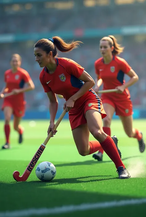 female players playing field hockey