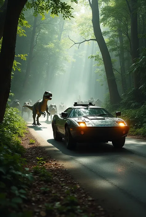 A high-speed armored car being chased by a group of Velociraptors on a road surrounded by dense forest.